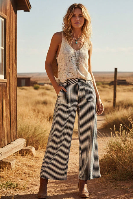Black White Stretch Striped Wide Leg Pants