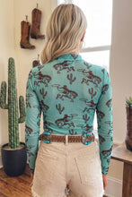 Aruba Blue Western Print Mock Neck Long Sleeve Sheath Mesh Top