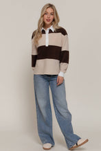 Cream Brown Long Sleeve Rugby Stripe Fleece Polo Top