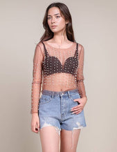 Coffee Pearl Rhinestone Studded See Through Mesh Crop Top