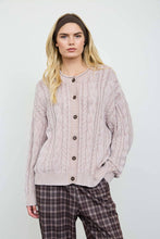 WASHED PATTERN CABLE KNIT BUTTON DOWN CARDIGAN: LIGHT KHAKI