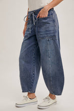 Med Wash Denim Mid Waist Drawstring Barrel Jeans