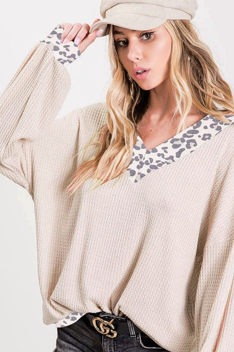 Taupe Thermal Waffle V Leopard Neck Bibi Top 8/6/25 1070