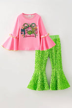 Merry Grinchmas pink bell sleeve top and green sequins bell bottoms