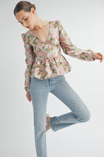 Pink Floral Jacquard Peplum Blouse