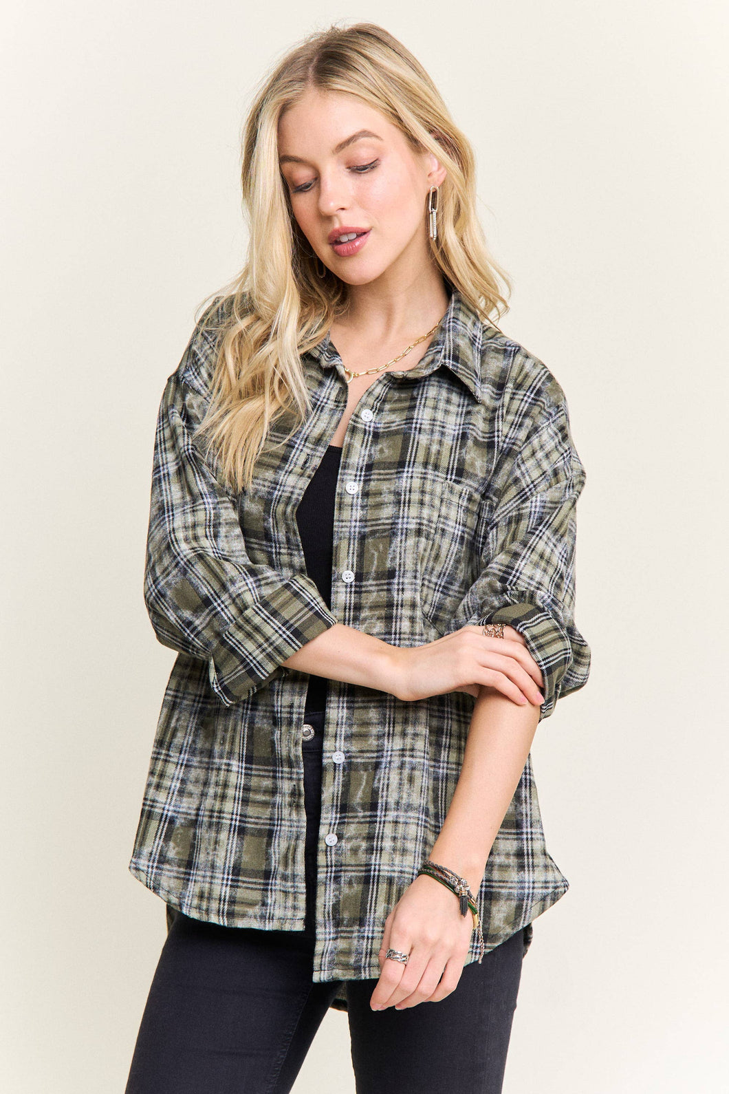 Green Burnout Plaid Washed-Look Shirt