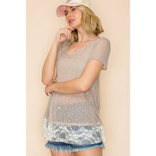 Taupe Semi V Neck Short Sleeve Knit Top with Laces