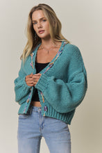 Green Chunky Multicolor Trim Knit Cardigan