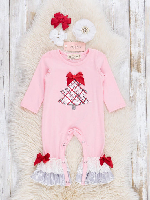 Pink Embroidered Plaid Christmas Tree Lace Trim Kids Romper