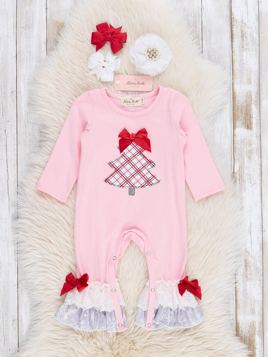 Pink Embroidered Plaid Christmas Tree Lace Trim Kids Romper