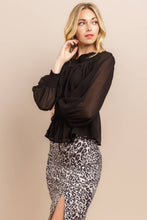 Black Smocked Neck Sheer Sleeve Blouse Top