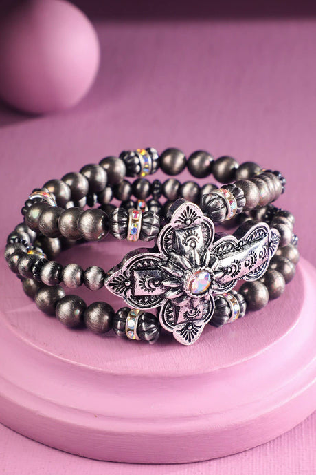 Silver Navajo Pearl & Cross Stretch Bracelet