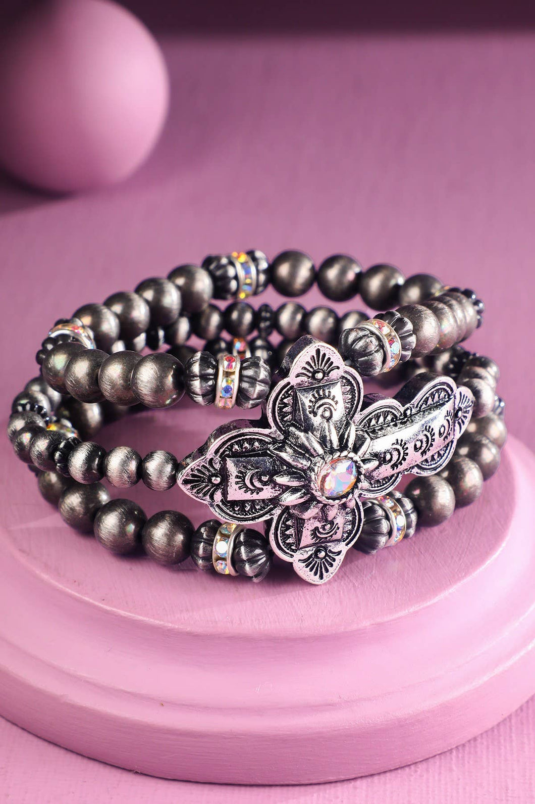 Silver Navajo Pearl & Cross Stretch Bracelet