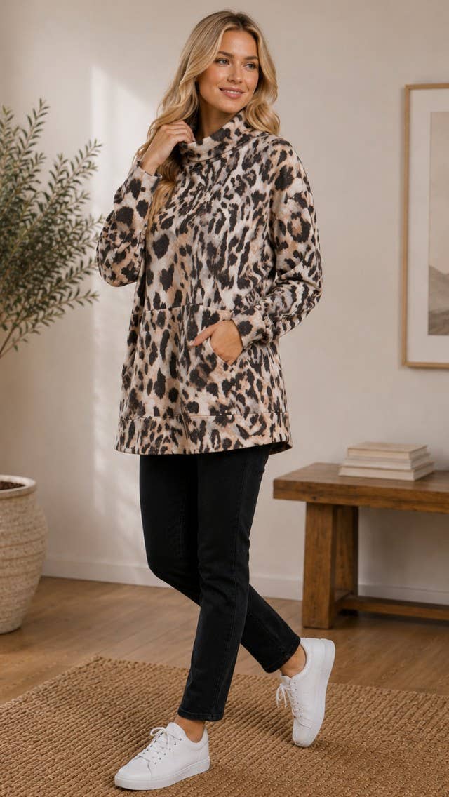 Grey Charcoal  Fuzzy Leopard Blouse