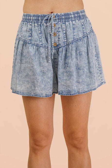 Light Indigo Washed Chambray Button Down Flare Shorts