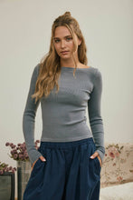 Ash Blue Boat Neck Long Sleeve Ribbed Knit Top