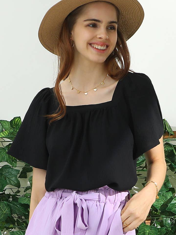 Black Square Ruffle Neck Short Sleeve Blouses