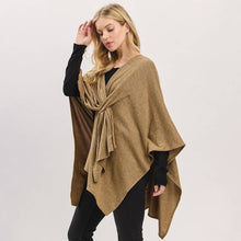 Red Asymmetrical Hem Solid Pull Through Draped Tie-Front Wrap Poncho