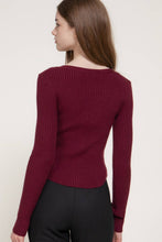 Dark Wine Long Sleeve V-Neck Cardigan with V-Shape Hem
