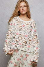 Off White Pink Floral Weave Round Neck Long Sleeve Crochet POL Top