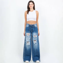Blue Wash Drawstring Distressed Wide Jeans