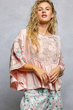 Blush Pink Rib Floral Pattern Round Neck Short Sleeve POL Top