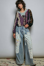Black Long Sleeve V neck Lace Contrast Printed Woven POL Top
