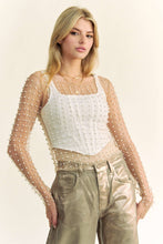Nude Davi Dani BEAD AND PEARL EMBELLISHED LONG SLEEVES MESH TOP