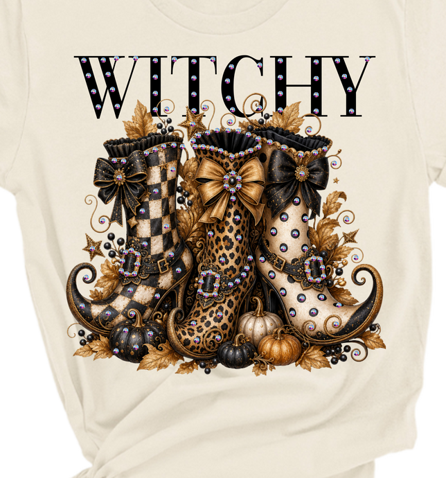 Natural Witchy Boots Blingy Rhinestone Graphic Fall Tee