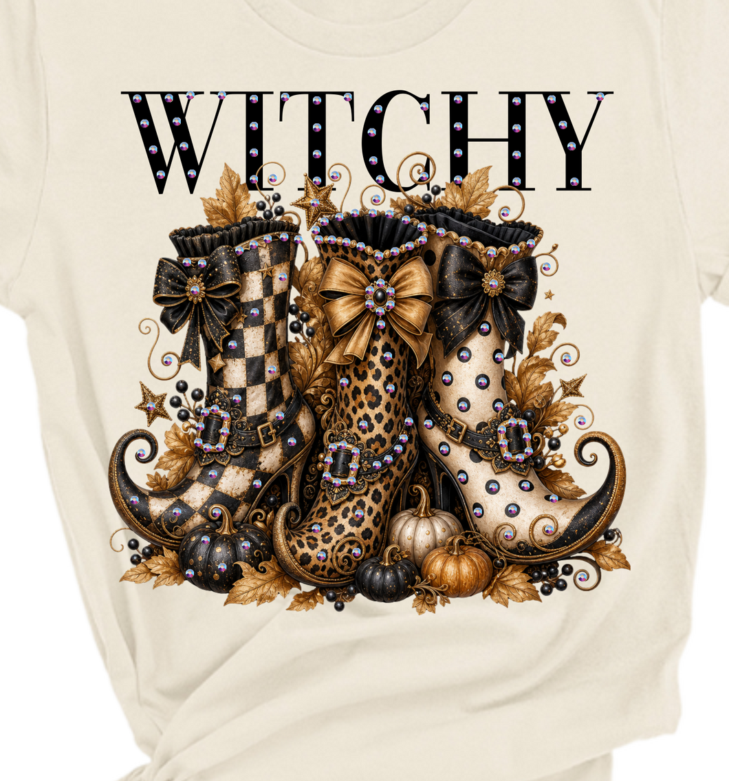 Natural Witchy Boots Blingy Rhinestone Graphic Fall Tee