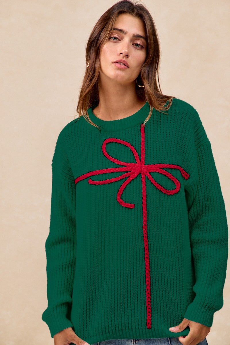 Hunter Green Red Christmas Ribbon Embroidered Bibi Sweater 11/13/25 1231