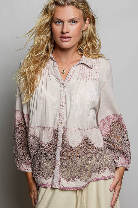 Blush Bohemian Lace Hem Pintuck Button-Down POL Blouse