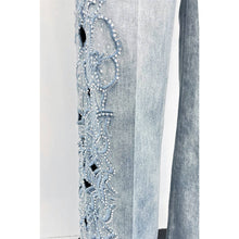 Blue Lace Cutout Rhinestone Denim Pants