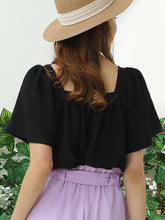 Black Square Ruffle Neck Short Sleeve Blouses