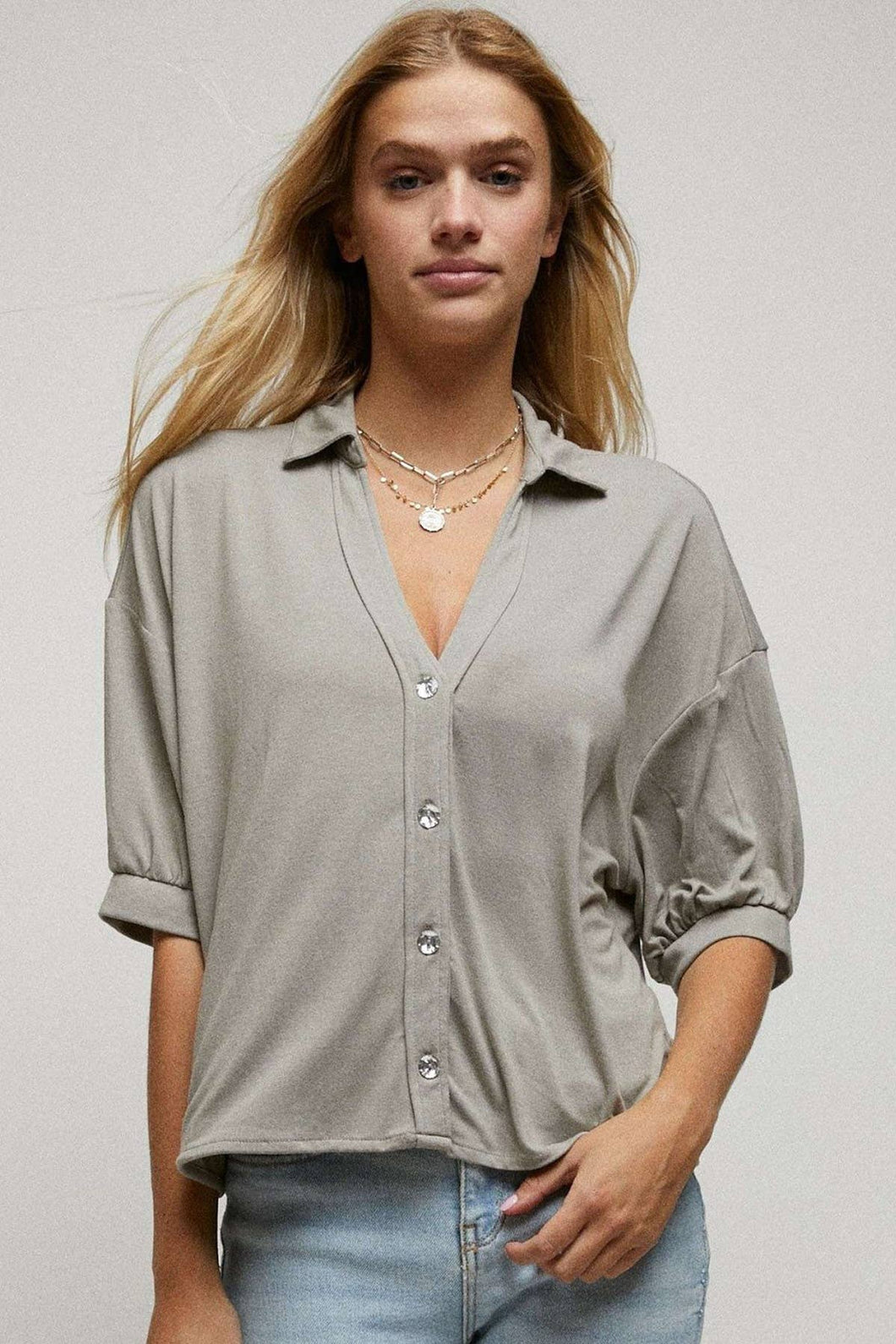 Stone Button Down V Neck Crop Shirt