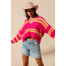 FUZZY HAIRY STRIPE DEEP U NECK SWEATER TOP: MUSTARD/DT BLUE / XL
