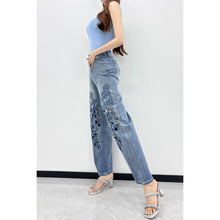 Blue Floral Lace Cutout Embellished Denim Pants