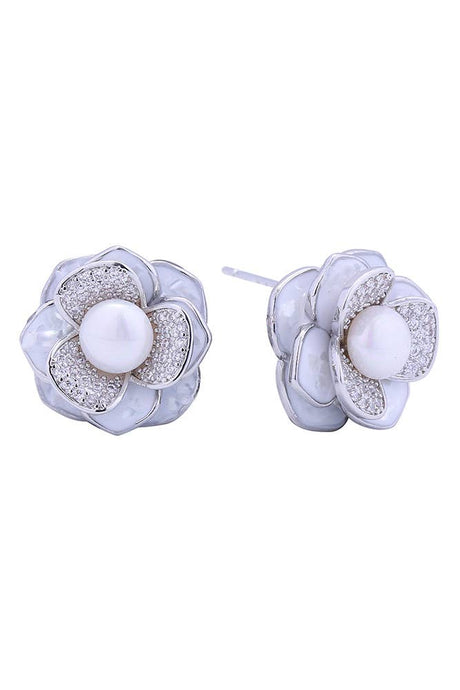 White Gold 14K Peony Pearl Post Earrings