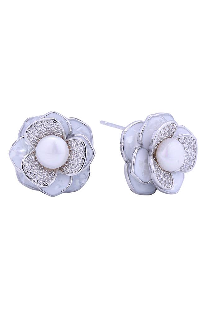 White Gold 14K Peony Pearl Post Earrings