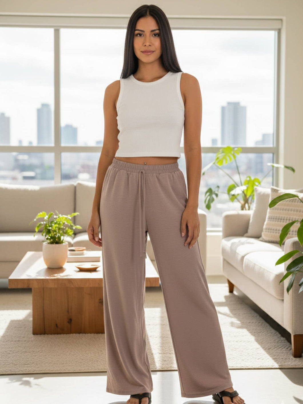 Drawstring waist wide leg minimalist pants: Taupe / L
