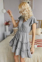 Grey V Neck Ruffle Waist Tie Short Dress