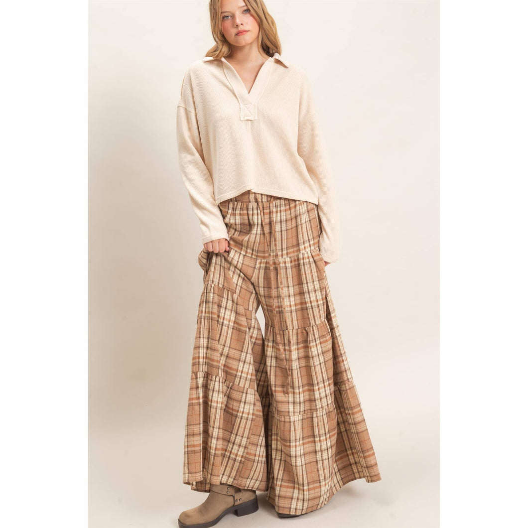 Mocha Tiered Plaid Wide-Leg Pants