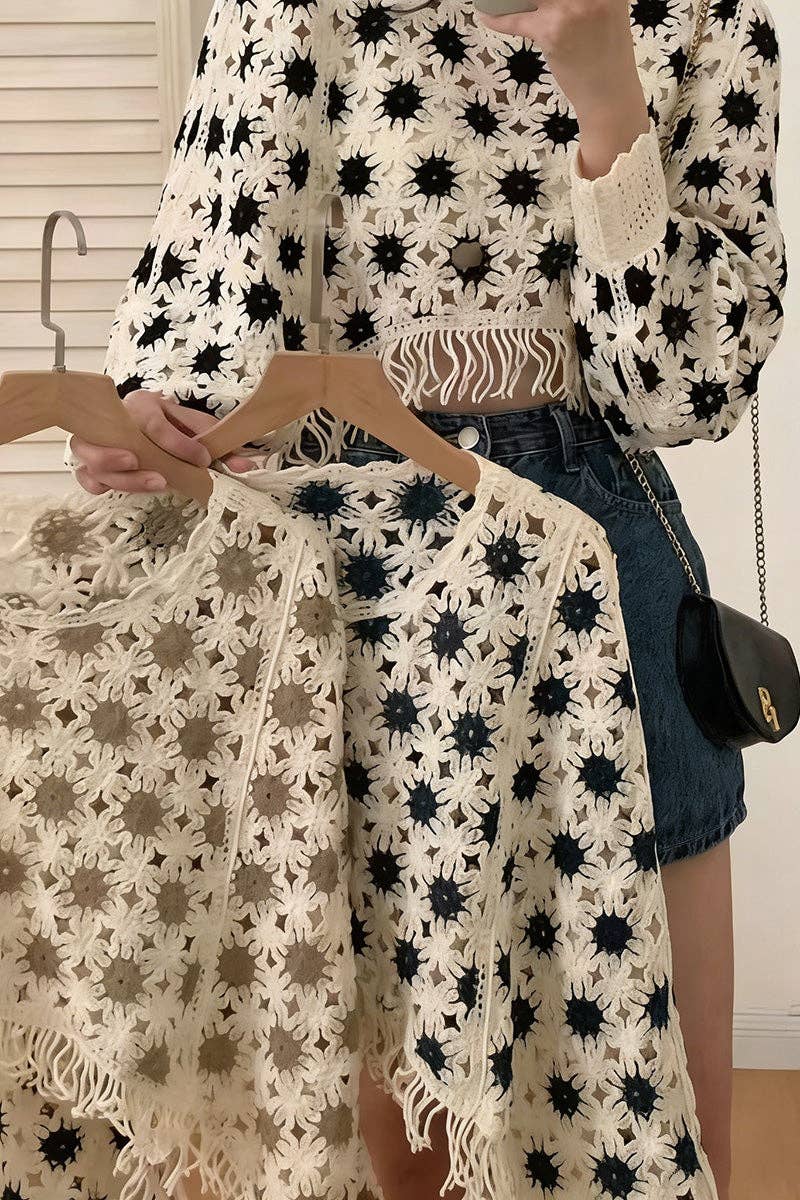 Blue Lace Knit Fringe Cropped Top