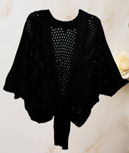 Black Eyelet Open-Knit Metallic Cardigan with Front Tie