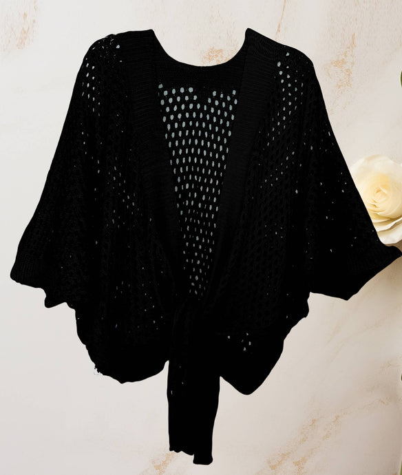 Black Eyelet Open-Knit Metallic Cardigan with Front Tie