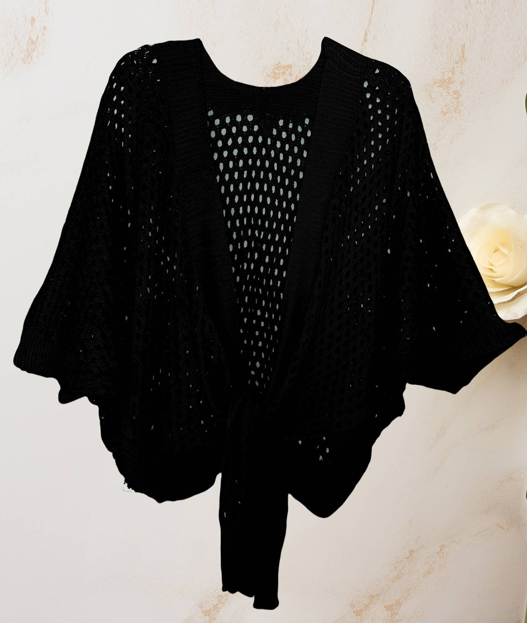 Black Eyelet Open-Knit Metallic Cardigan with Front Tie