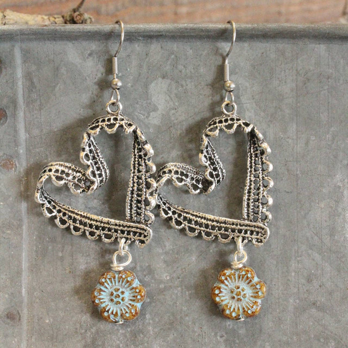Czech Flower Silver Heart Earrings