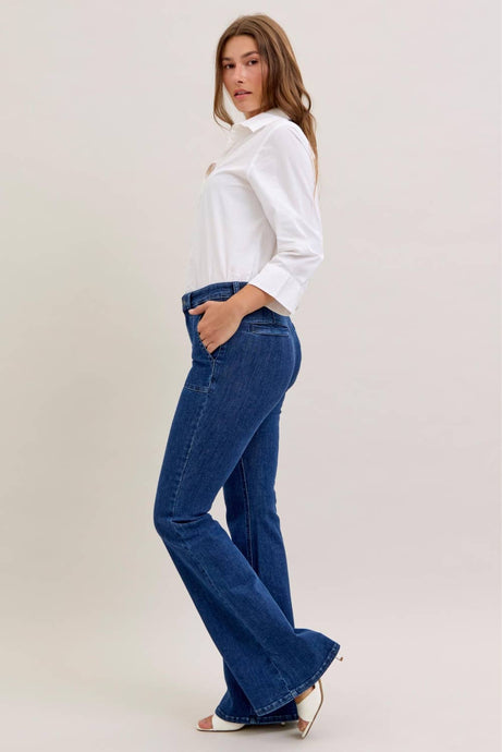 Dark High Waist Flare With Patch Pockets Judy Blue Jeans