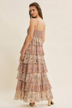 Clay Multi Romantic Story Cascasing Teired Ruffle Smocked Maxi Dress