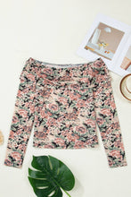 Brown Retro Floral Print Mesh Mock Neck Top